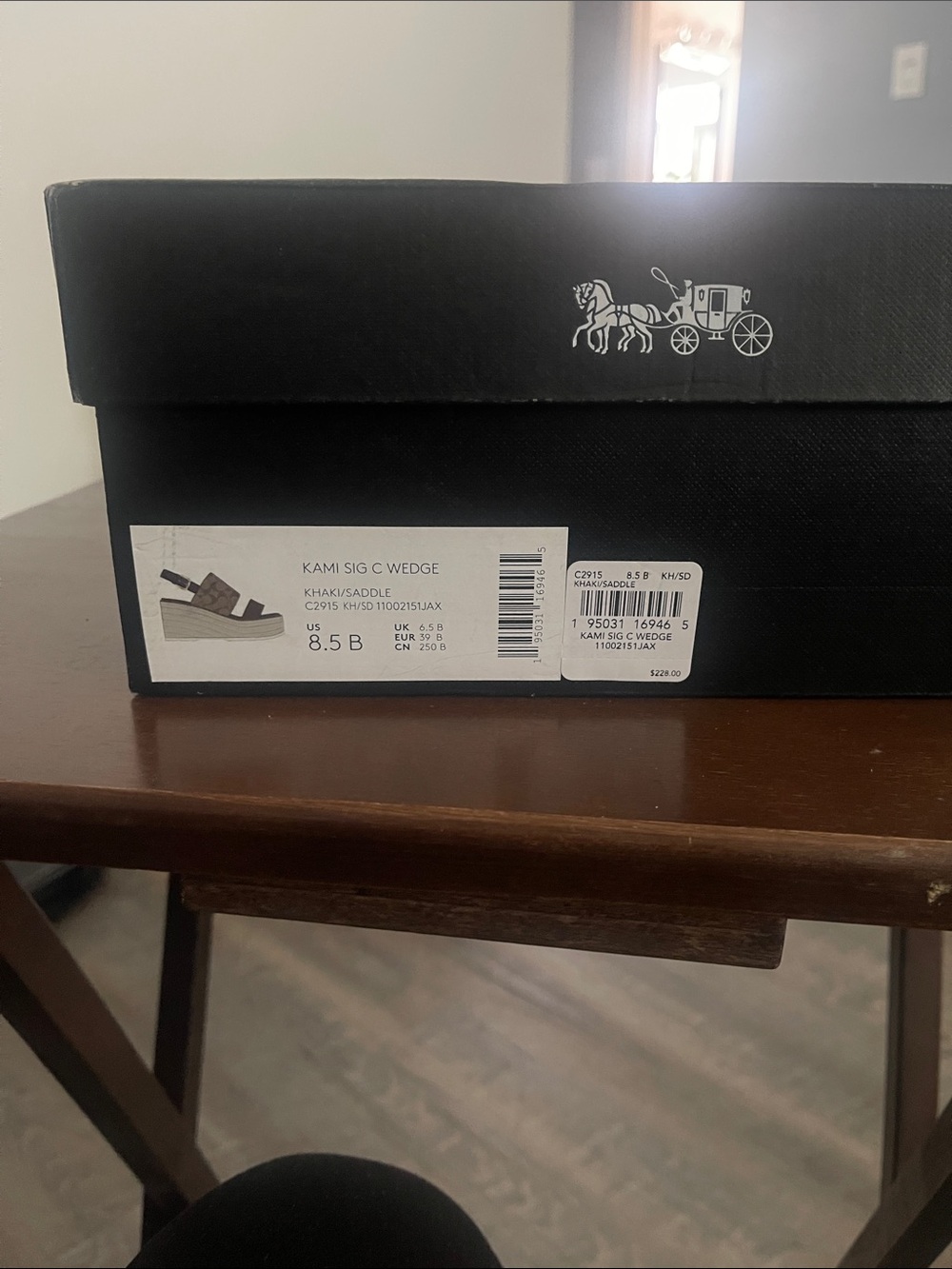 Coach Khaki and Saddle Wedge Sandal Box